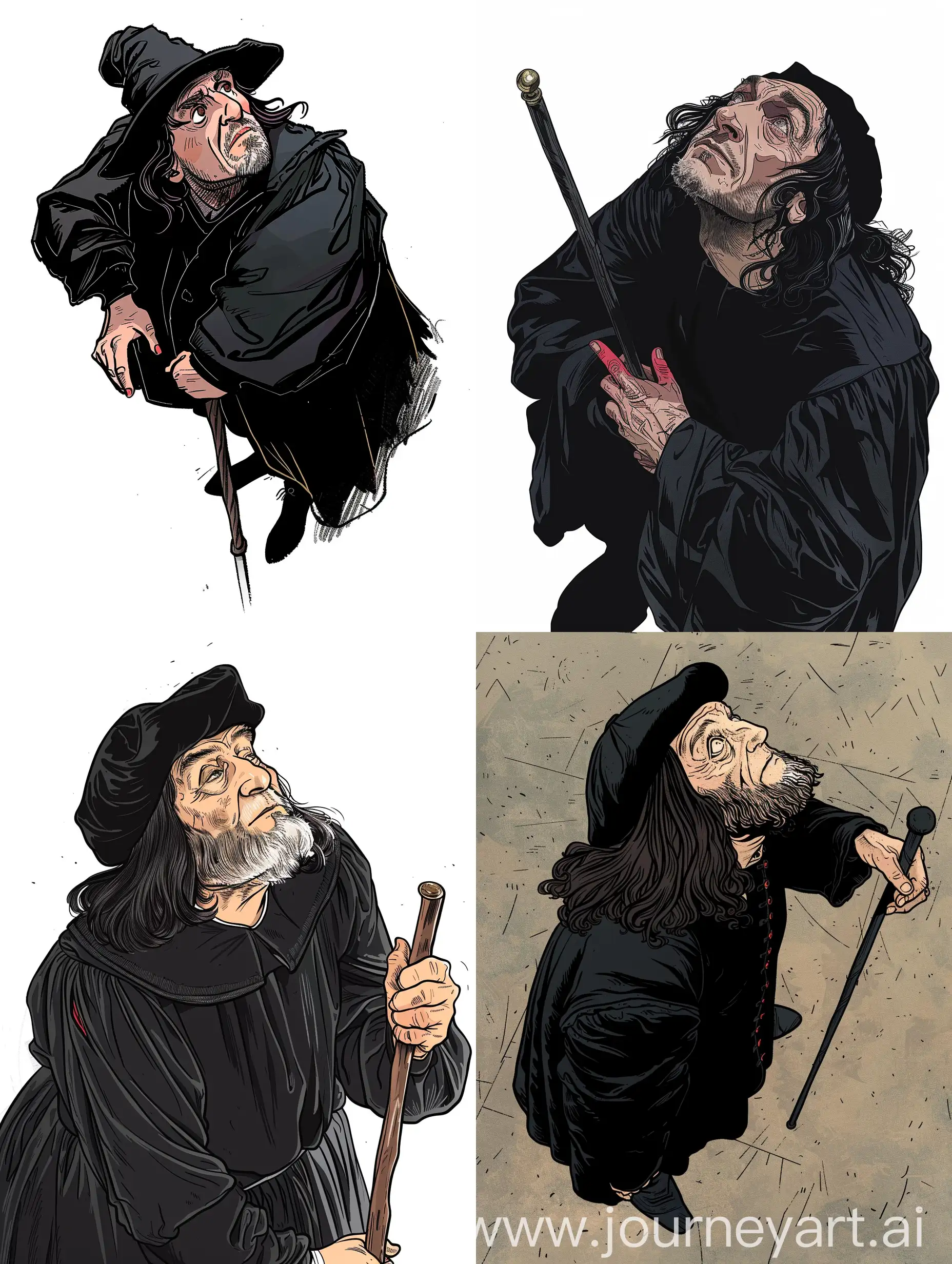 The artist Leonardo Da Vinci looks up, leans with one hand on a cane, cartoon styles, colors black, with small red accents, top view, ink, Herluf Bidstrup style