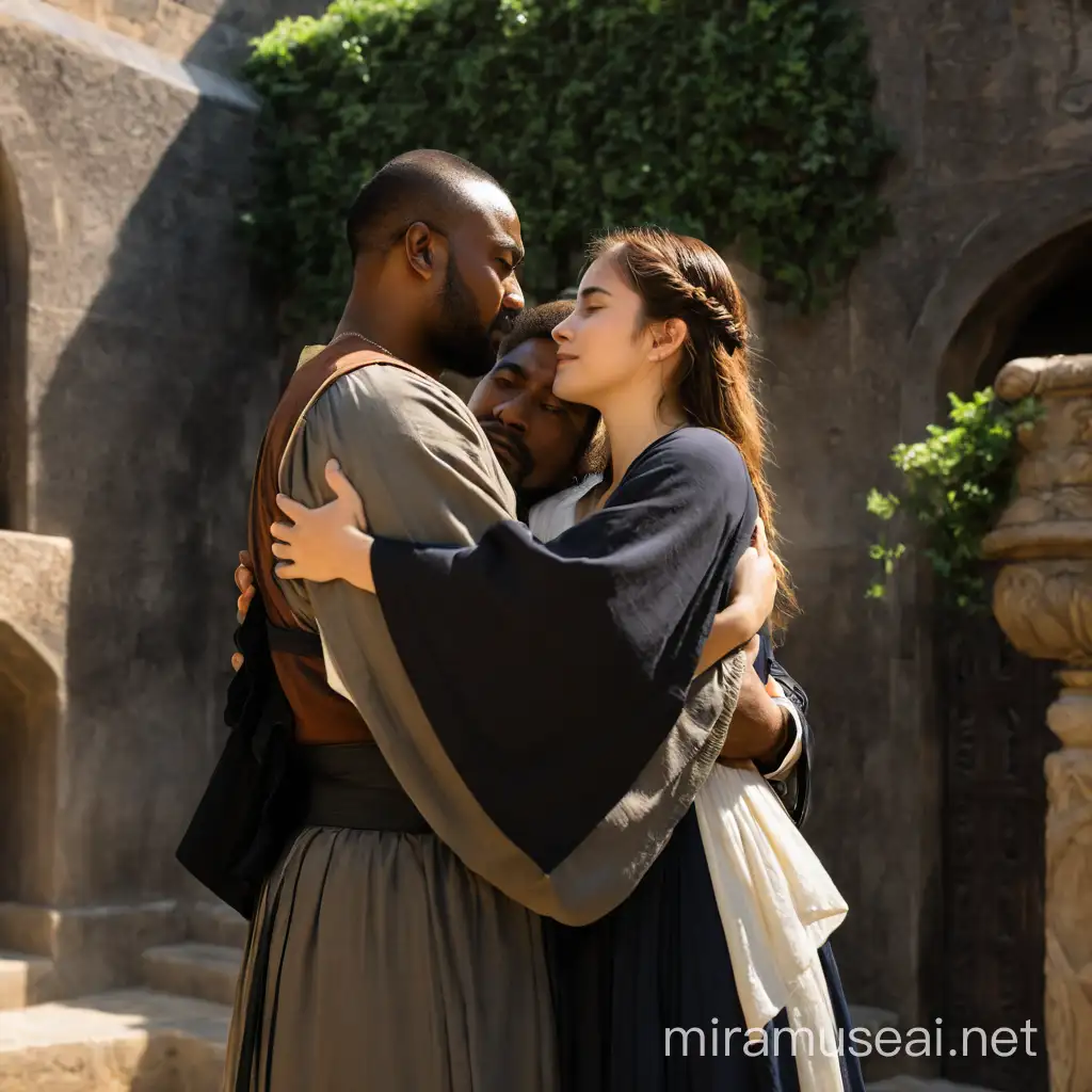 Othello and Desdemona embracing in the style of Hayao Miyazaki