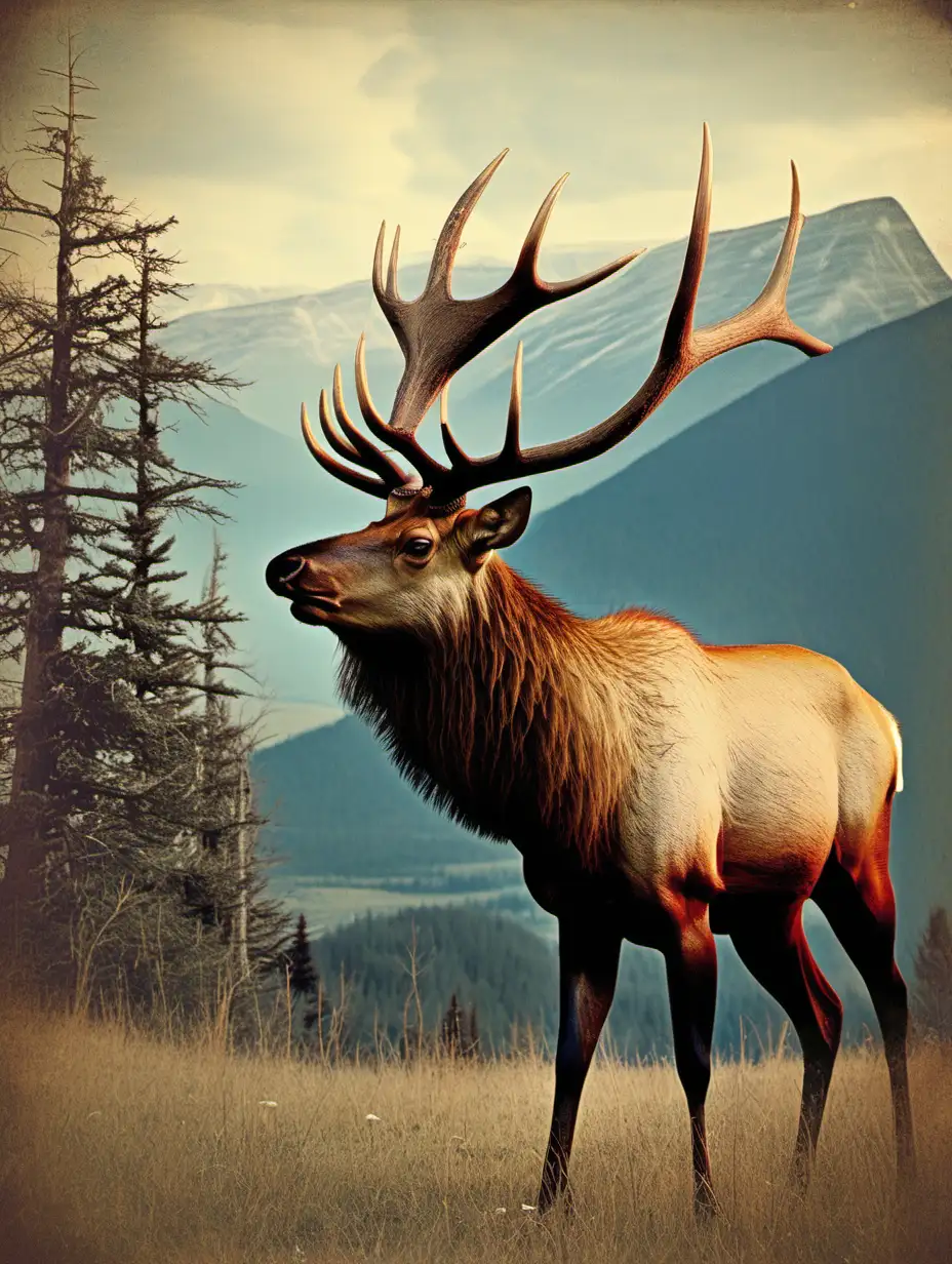 Vintage Elk in Mountainous Landscape