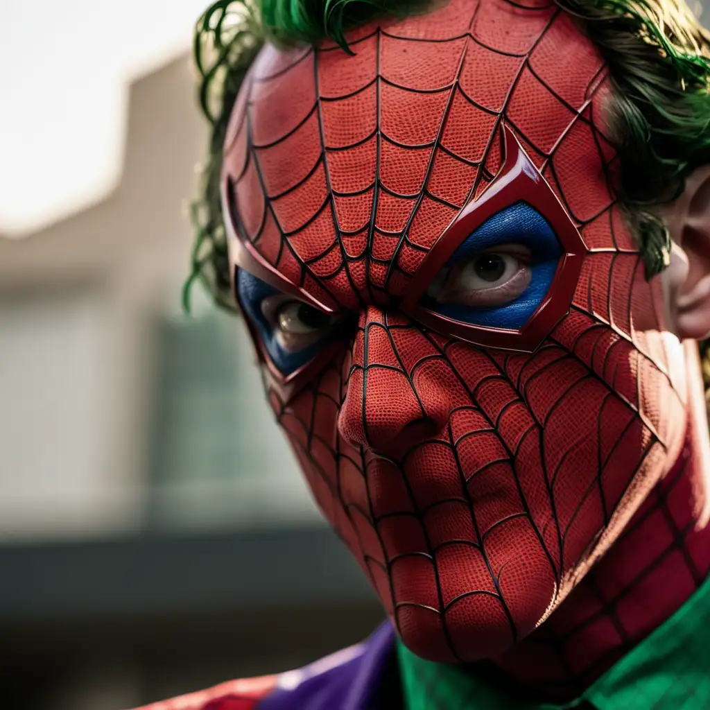 close-up portrait, joker and Spiderman, natural light, 85mm F/2.0 --ar 85:128 --s 222 --no freckles, blemishes --v 6.0 --style raw
