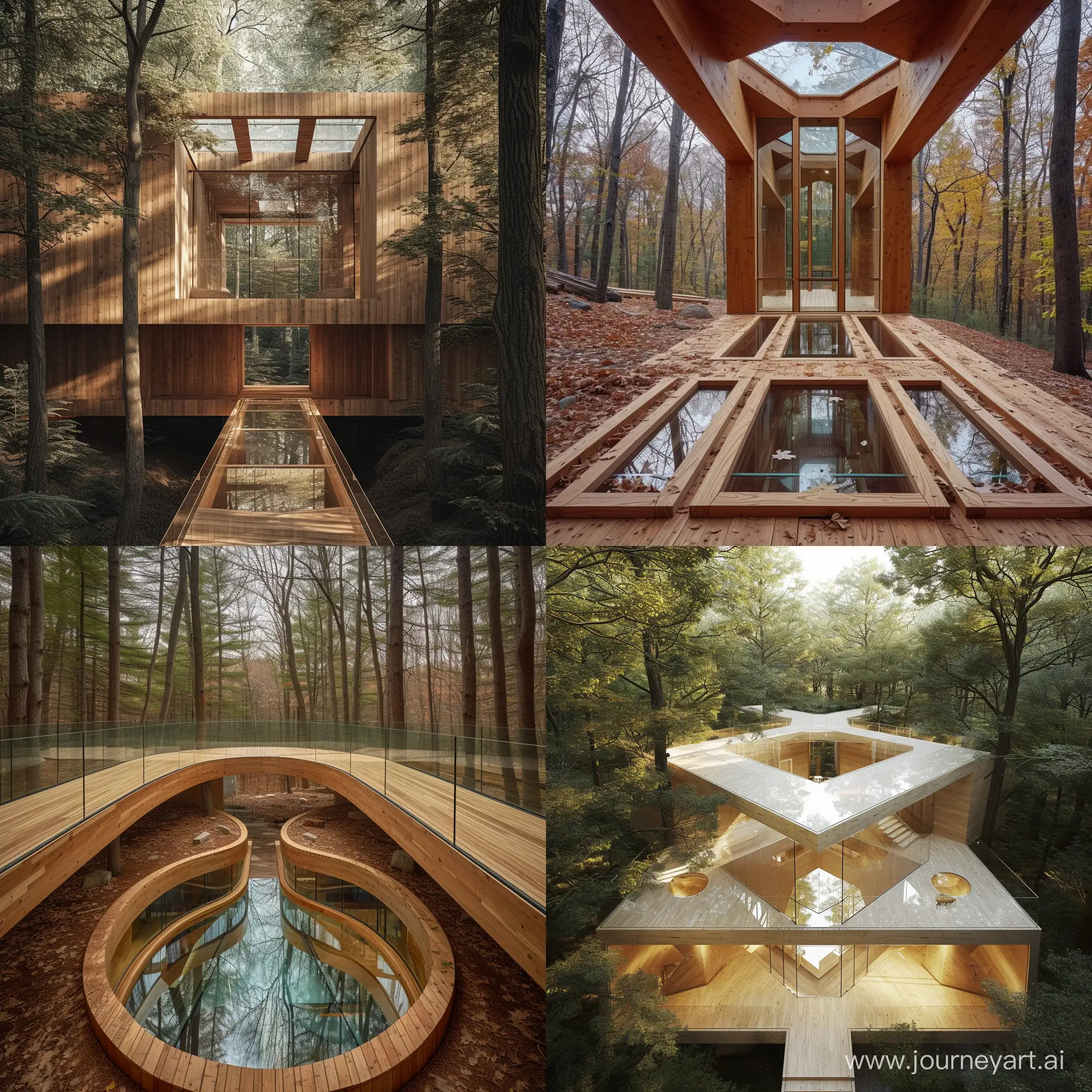 mass timber architecture design with a glass atrium in the center nestled in the wood