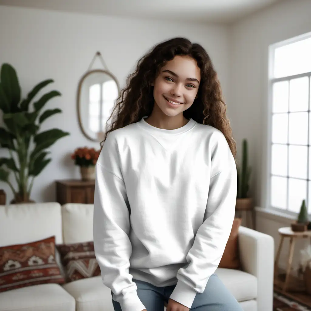 a photorealistic photo mockup of a gently smiling teenage female model wearing a blank white
over-sized Gildan 18000 sweatshirt with a tight collar, in front of an indoor white themed
boho style home living Room scene. professional photography composition, f9.0. --ar 5:4 -
-s 750 --style raw -