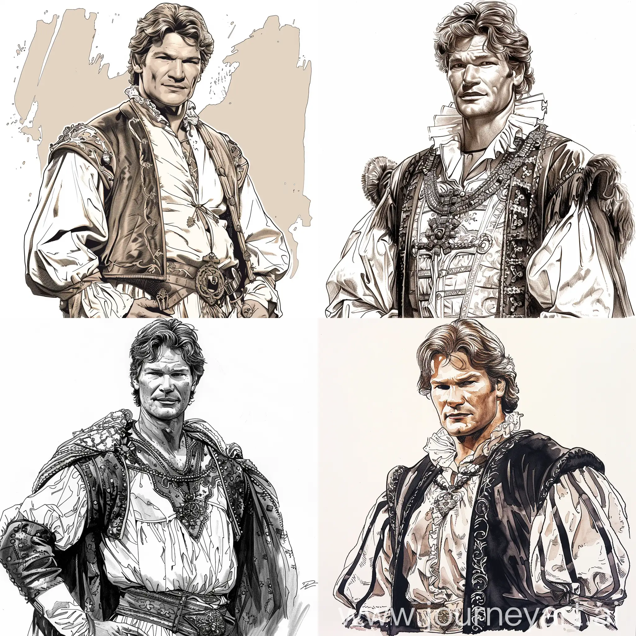Actor Patrick Swayze, waist-high portrait, in the costume of the medieval king of Spain, in rich expensive royal clothes, with a lot of details, illustration style, with black ink stroke