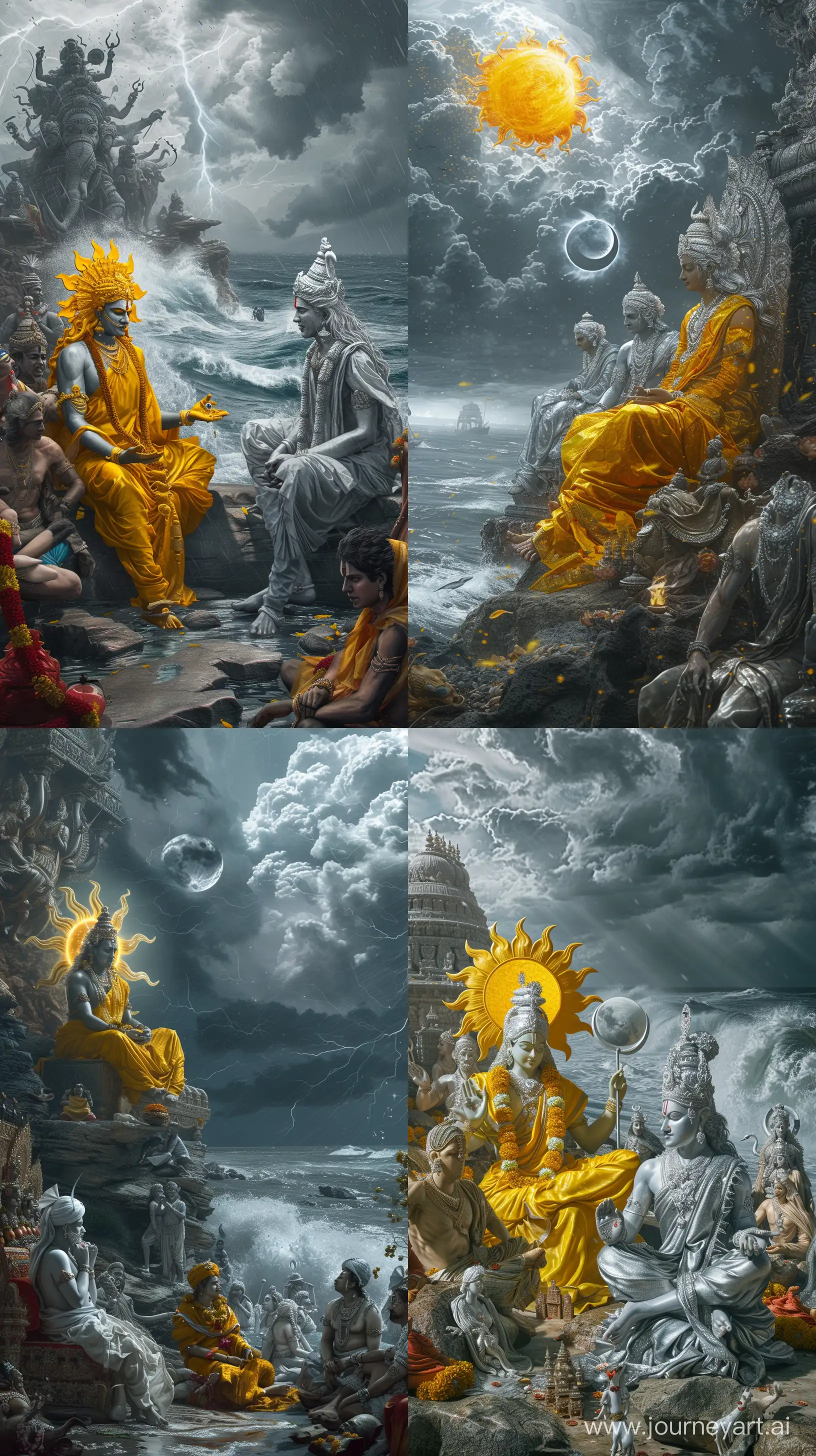 Realistic digital paintings depicting the sun God in bright yellow attire and the moon God in silver attire from Hindu mythology, seated near a seashore, stormy background, other deities are seated around them too, intricate details, UHD --ar 9:16 --v 6