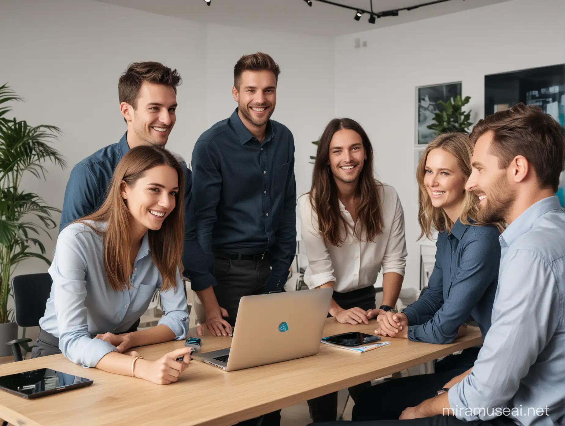 A team photo, working in Logitech brand marketing team and direct to consumer team, 3 men and 3 women, discussing in the room for next year planning