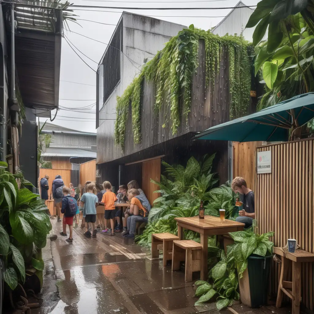 Morning. Rain. Tropical planting. Urban laneway. Slightly decrepit. Rubbish on the ground. crowd of people drinking beer. Building is post modern. Timber cladding. Children playing. Vines growing on building