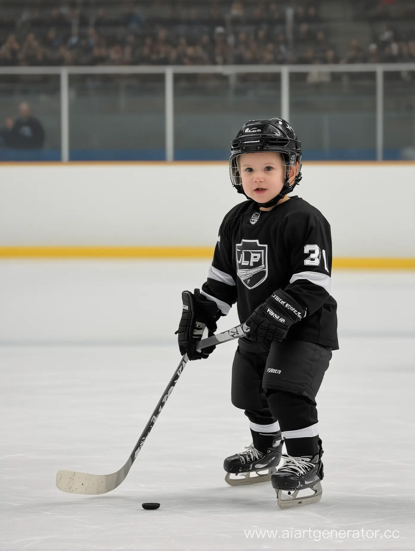 Младенец хоккеист, черная  форма , на льду арене

