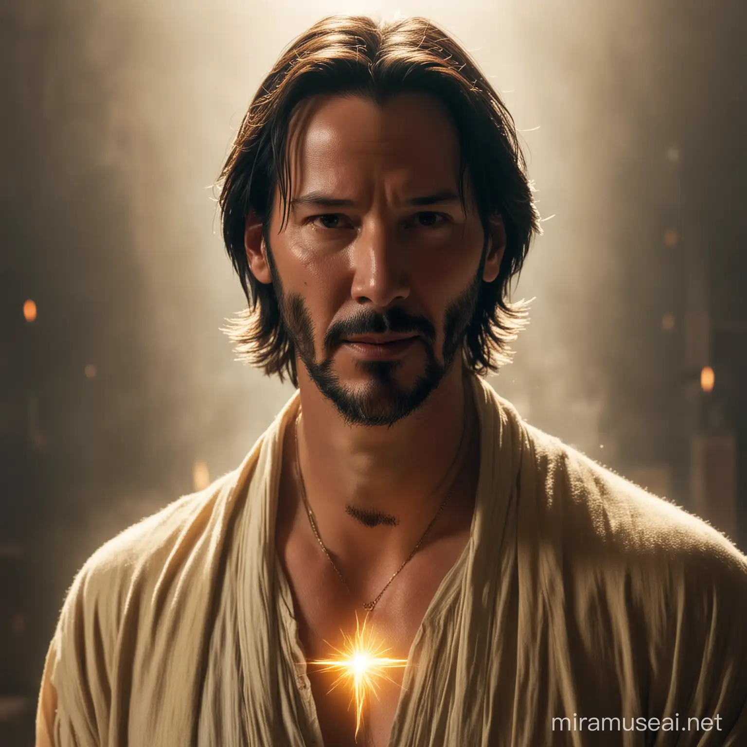 Keanu Reeves Embracing Divinity in Ethereal Glow