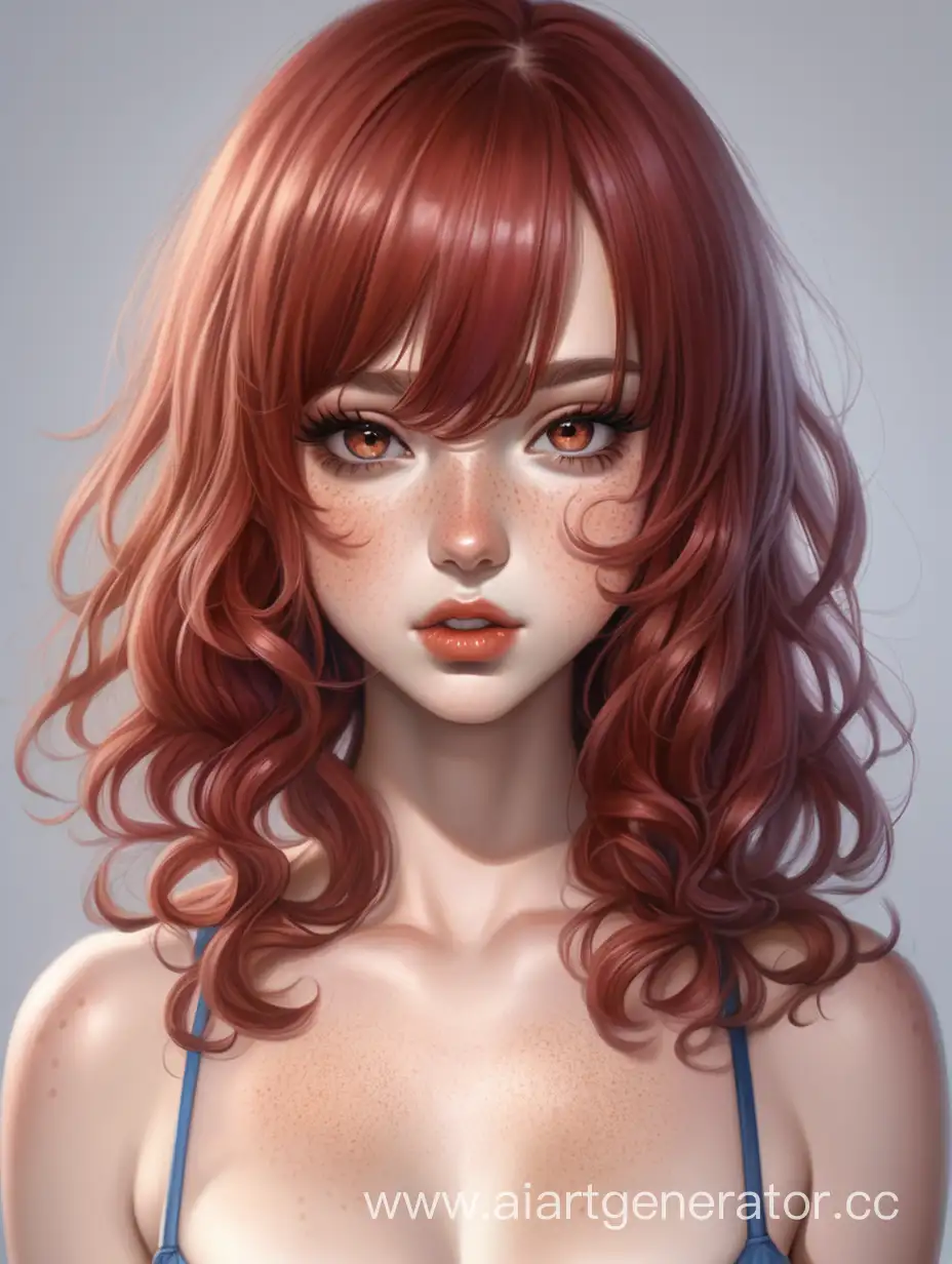 red wavy hair length which goes to shoulder blades, inaccurately trimmed bangs, thick brown and long eyelashes, the whole face is covered with freckles as well as the body, right eye blue color and left brown color. Gently red colored lips that are slightly plump, large breasts and hips, sexy attractive face, attractive legs