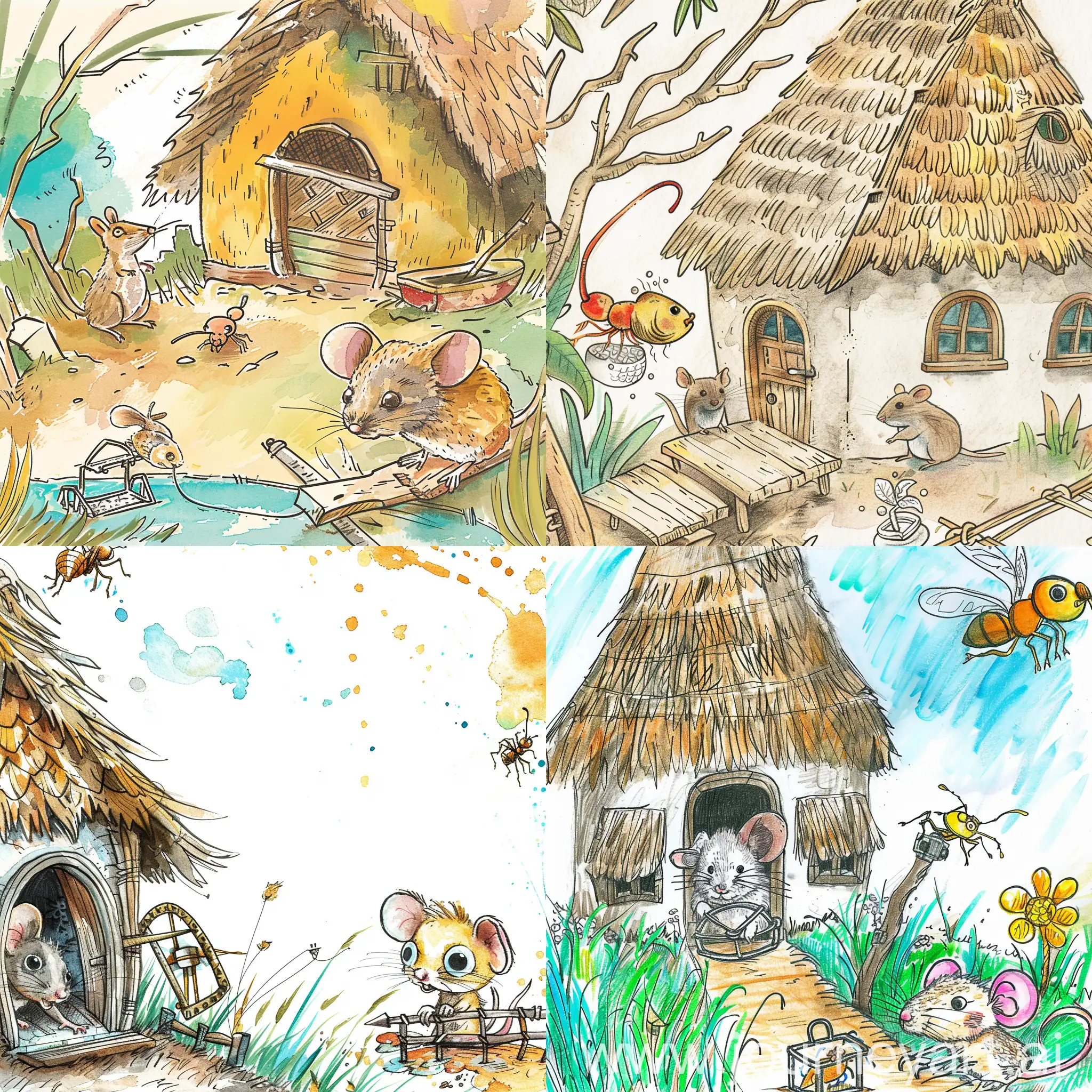 Inspired by fairy tales, this minimalist drawing sketch features a mouse (in focus), a thatched house, ((fish in a mousetrap and a trapped mouse)) (zoomed in), a weasel nearby, a sneering ant, a bright and colourful background design, and whimsical characters to catch the eye and spark the imagination of young readers. Simple, Illustration, Watercolour, Rough, Cute, Webtoon Style