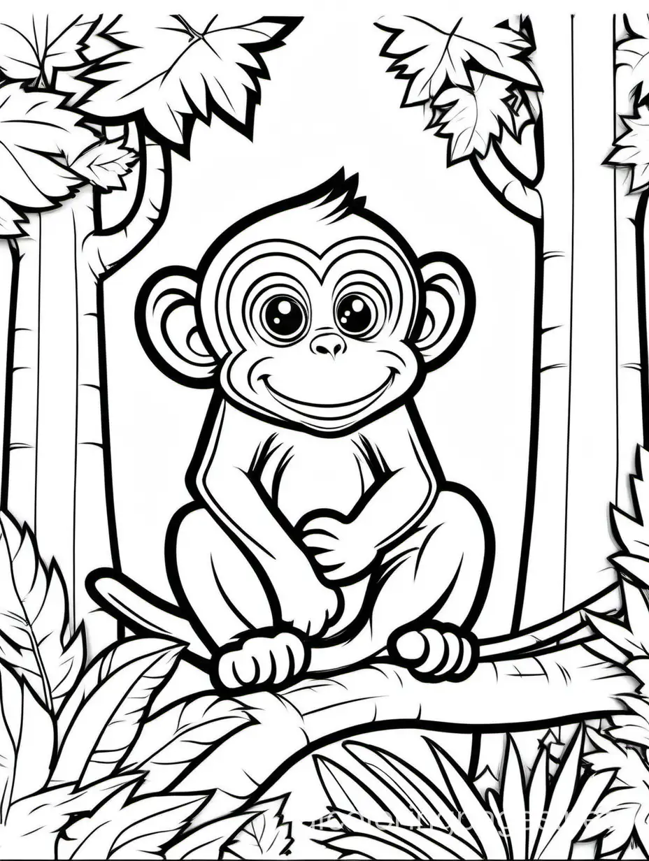illustration, only thick outlines, no grayscale, white background, for kids to color, cartoon style, cute monkey, forest,, Coloring Page, black and white, line art, white background, Simplicity, Ample White Space. The background of the coloring page is plain white to make it easy for young children to color within the lines. The outlines of all the subjects are easy to distinguish, making it simple for kids to color without too much difficulty