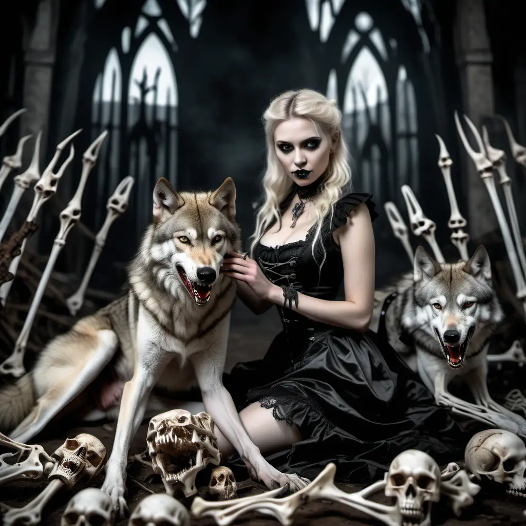Gothic bavarian blonde with vicious pet wolf surrounded by bones