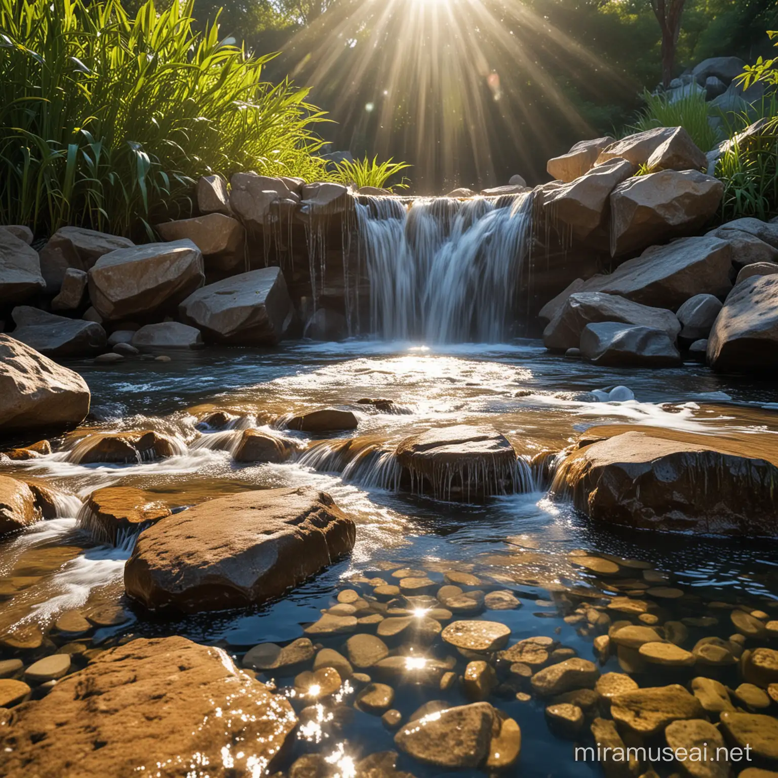 Generate a vivid description of water flowing, sparkling under sunlight, symbolizing purity and cleansing.