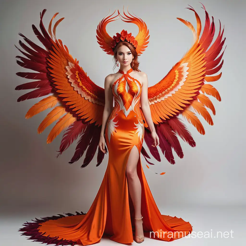 Phoenix bird, dress with long train, feather dress, fiery dress, red, orange, phoenix head piece, confident, woman