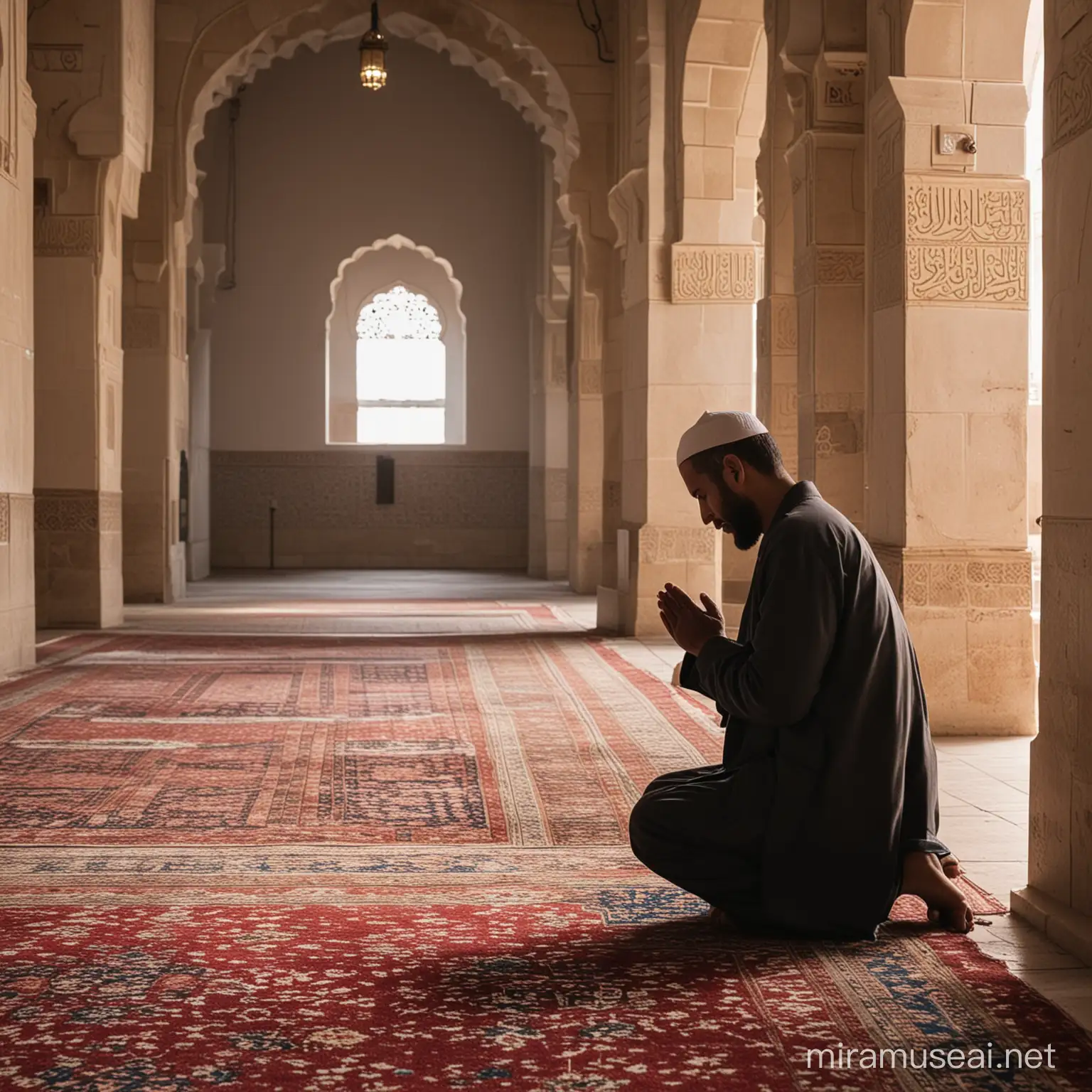 Namaz kılan adam., arka planda cami içi