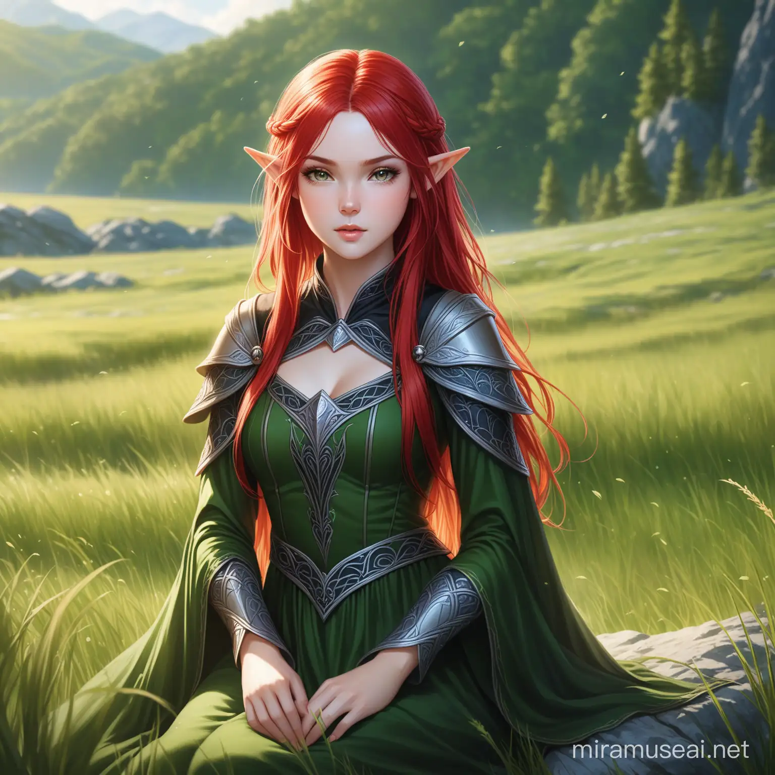 Elven princess with Black medieval style clothing, red hair, sweet look at camera, sitting on a rock in a grassy field while the wind ruffles her hair, ultra realistic, high definition