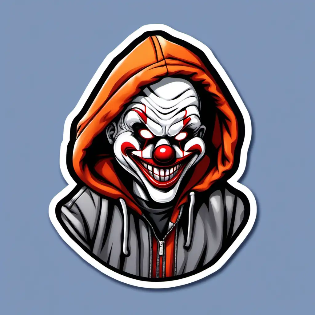 cartoon Roadman in a Nike tech fleece with his hood up with a killer clown mask on as a sticker icon with a clear background