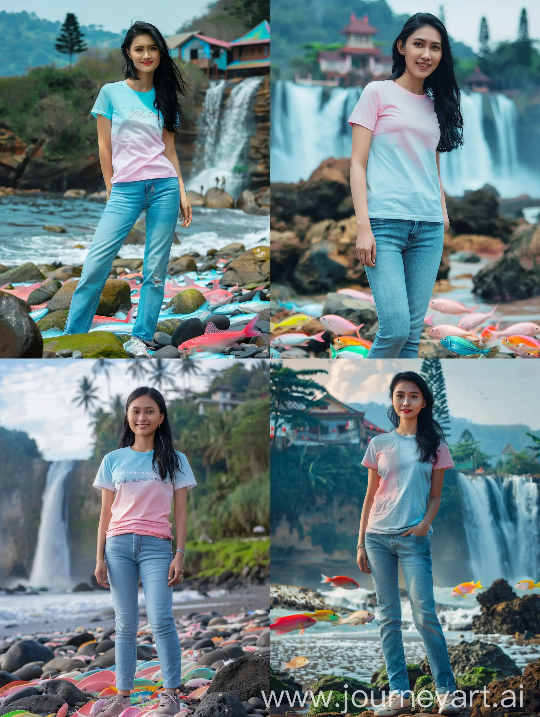 Smiling-Indonesian-Woman-by-Colorful-Beach-Waterfall