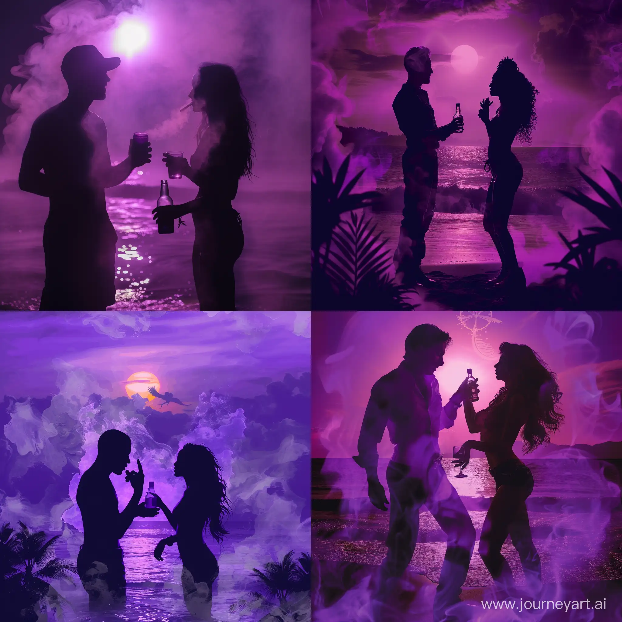 dance, couple, love, background purple smoke and sea and sun and, in the hand of the man vodka and in the hand of the woman weed, couple gangsta --v 6 --ar 1:1 --no 27394