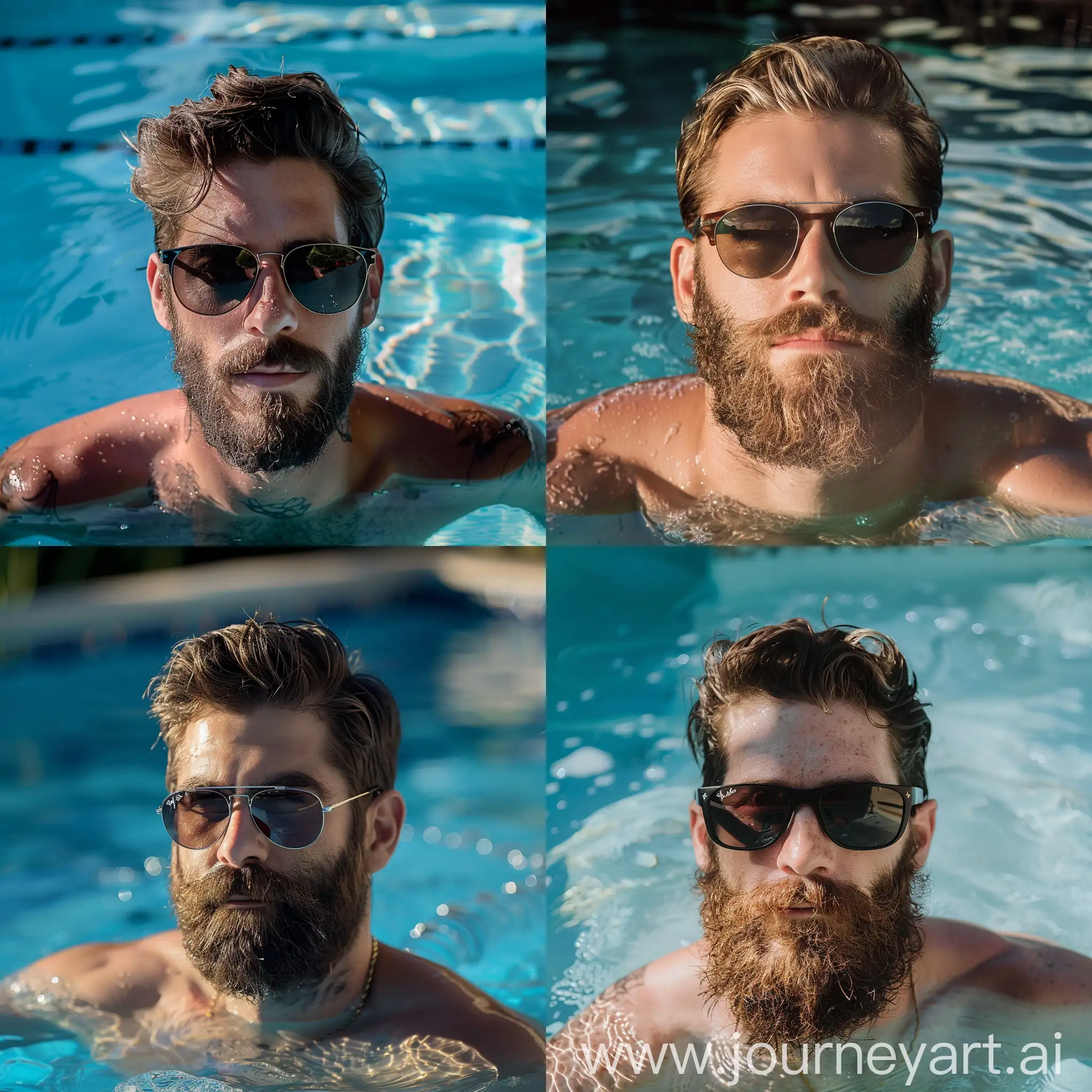 handsome man, wear sunglasses, in swimming pool, sexy man, beard, christmas head