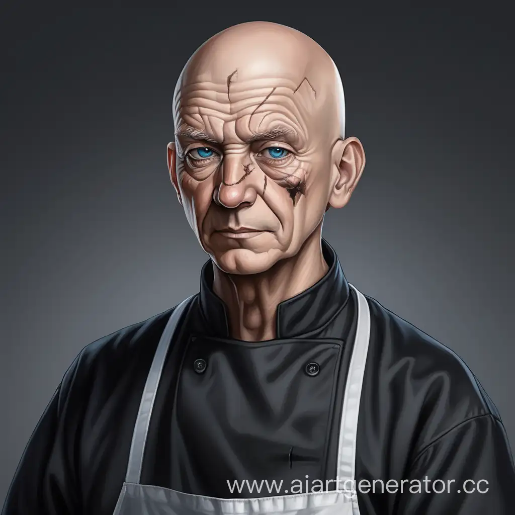 Mysterious-Bald-Man-in-Black-Clothing-and-Surgical-Apron