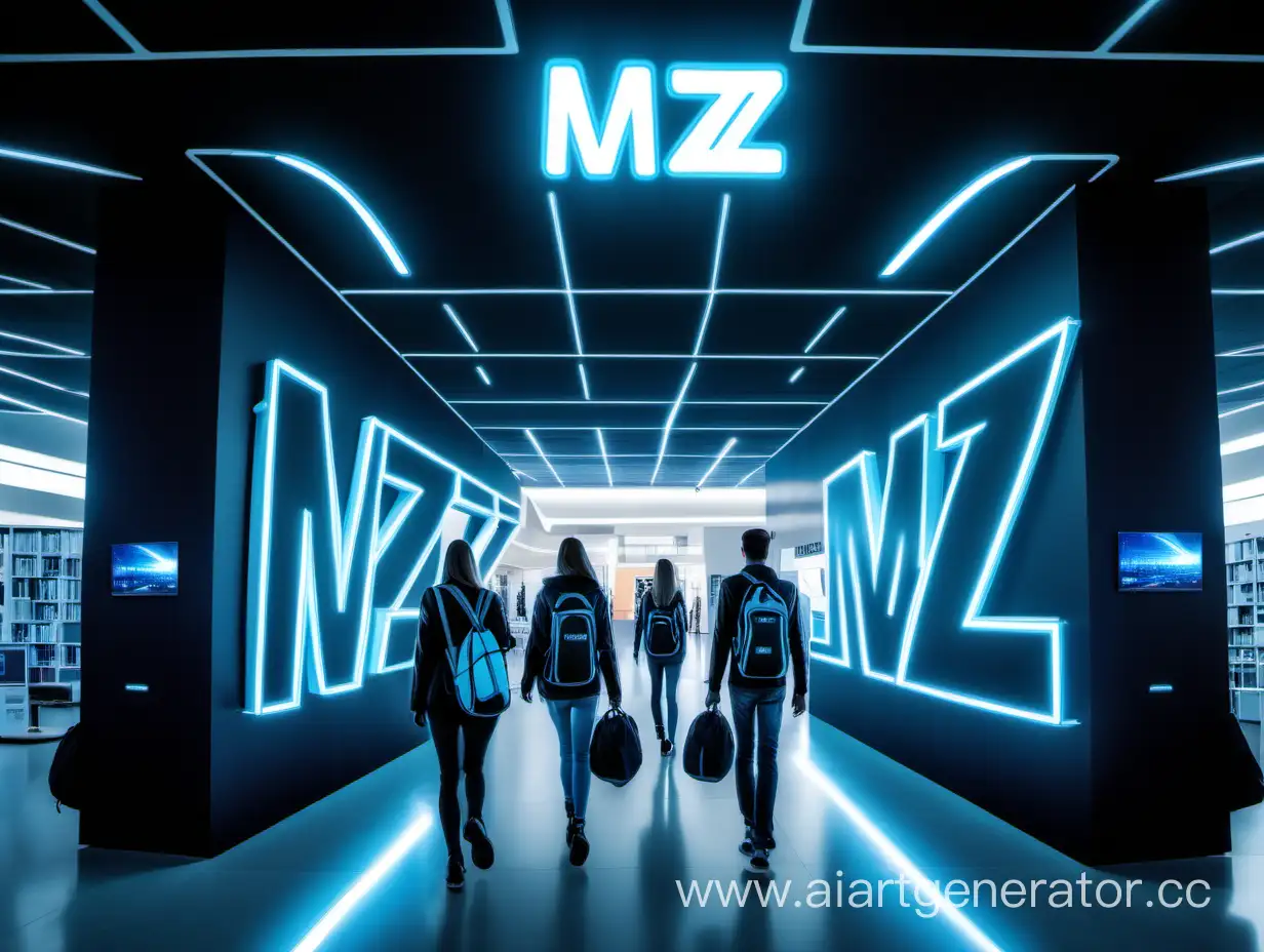 leuchtendes MZ über Logo dem medienzentrum in wien, futuristisch, jugendliche laufen mit equipment-taschen herum