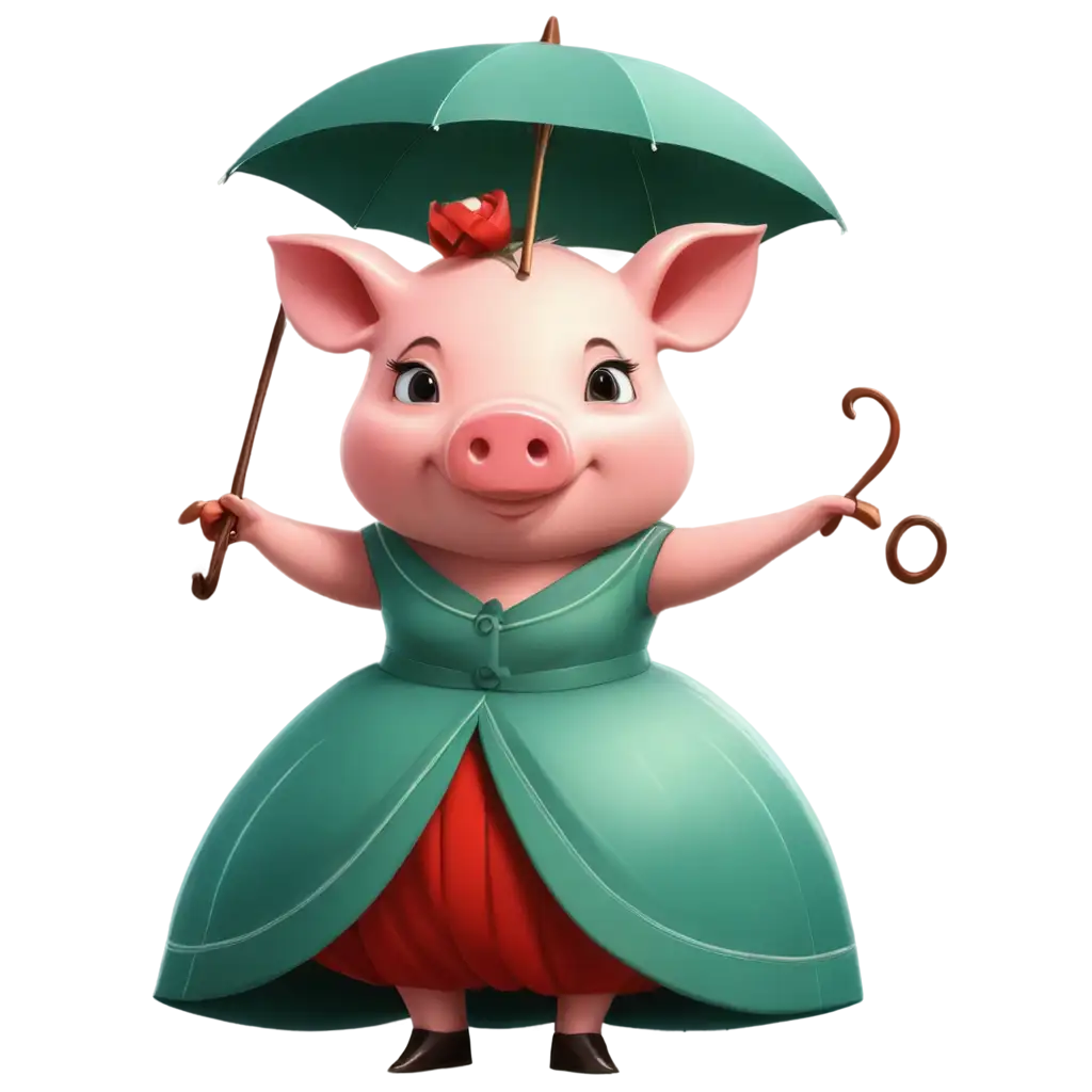PNG-Image-of-a-Cartoon-Pig-in-an-Elegant-Ball-Gown-with-a-Stylish-Umbrella