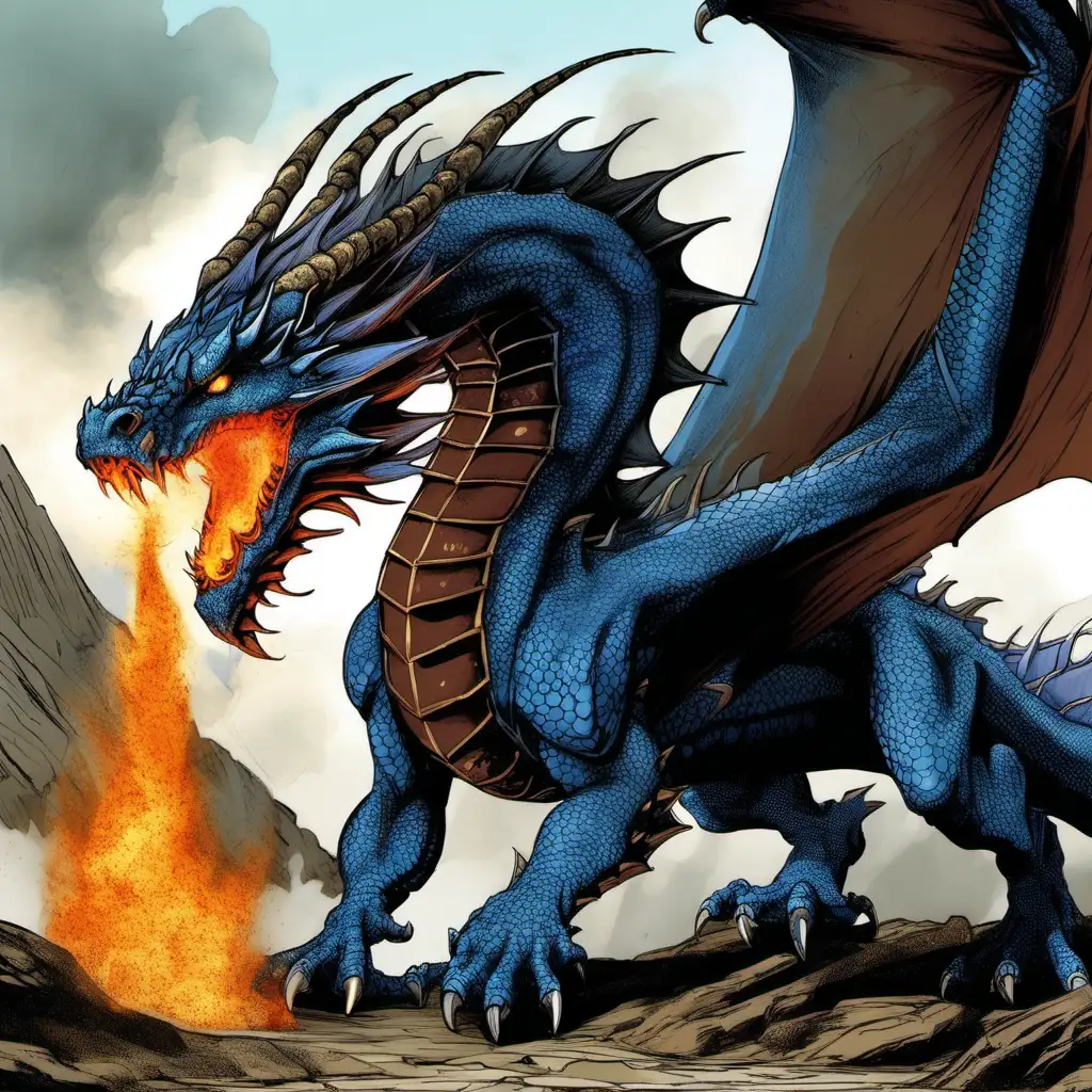 огромный дракон, голубого цвета с коричневыми пятнами , огонь изо рта 