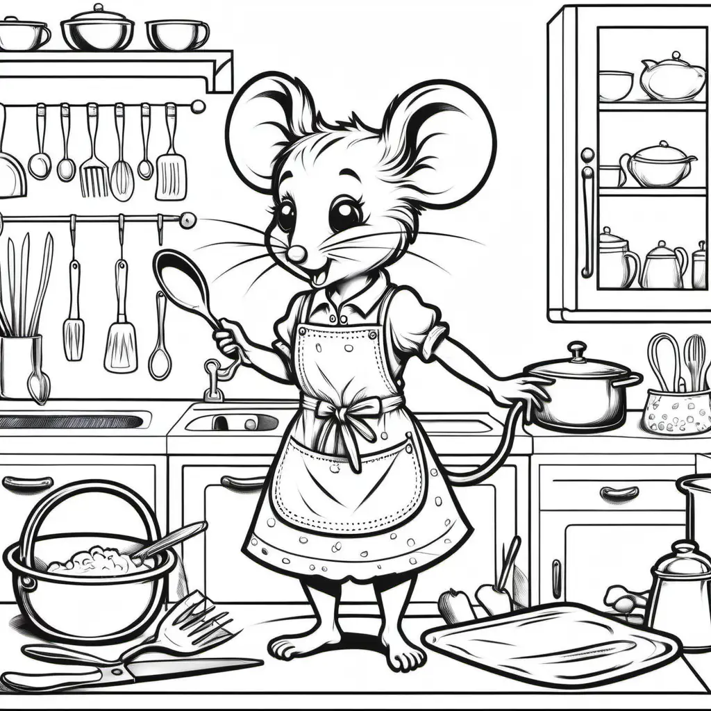 create coloring book page with delicate little girl mouse wearing apron in kitchen