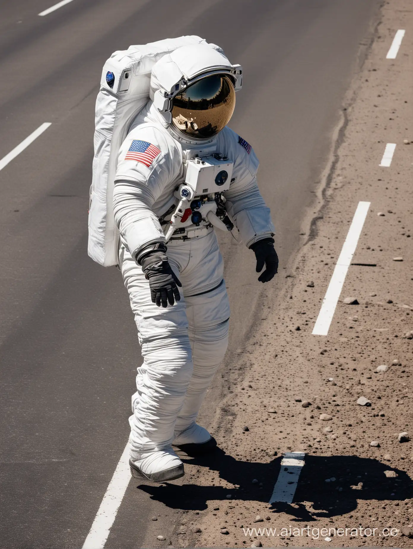 An astronaut who crosses the road from the side
