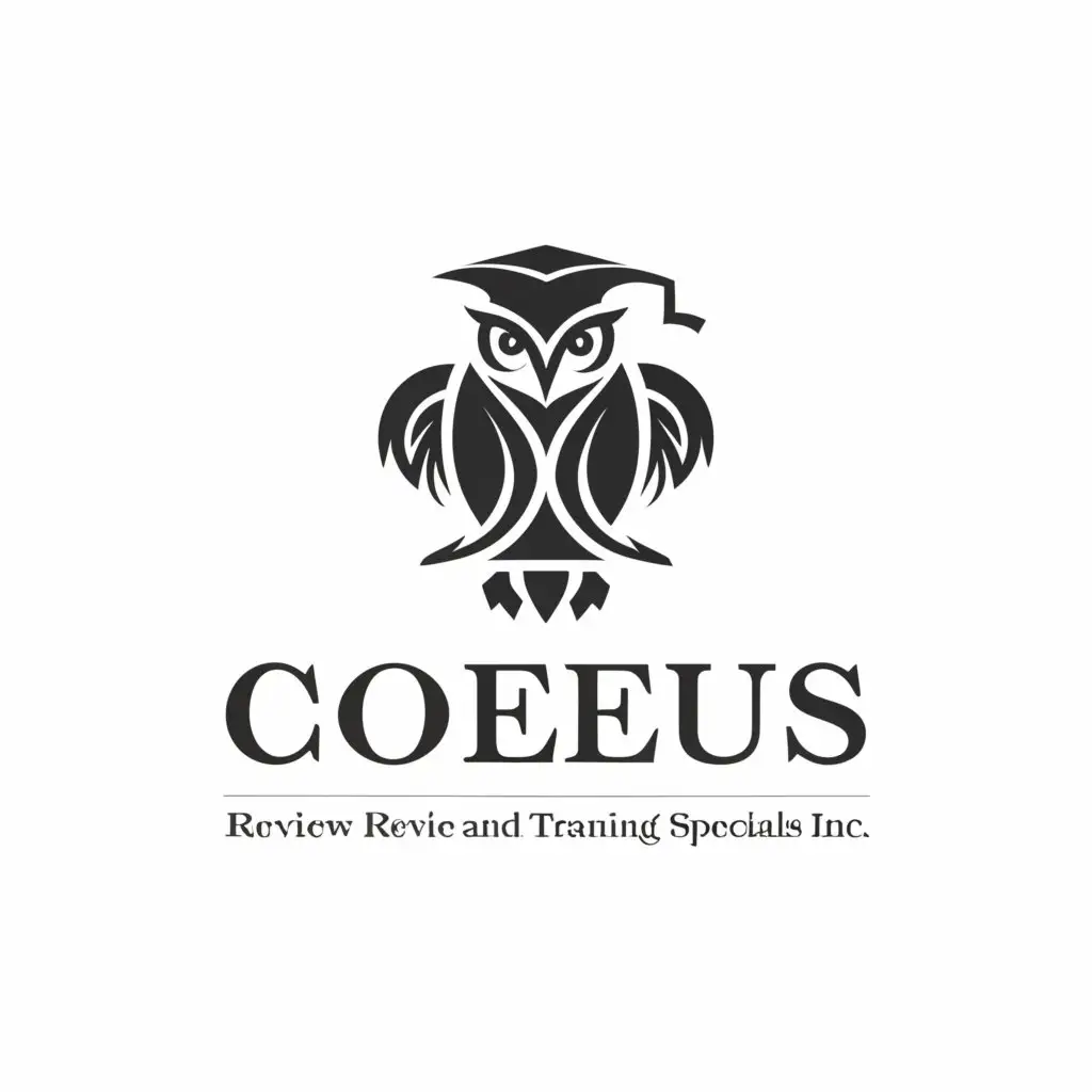 a logo design,with the text "Coeus Review and training specialist Inc.", main symbol:An owl with graduation cap and holding a rolled certificate inside on a coat of arms,Minimalistic,be used in Education industry,clear background