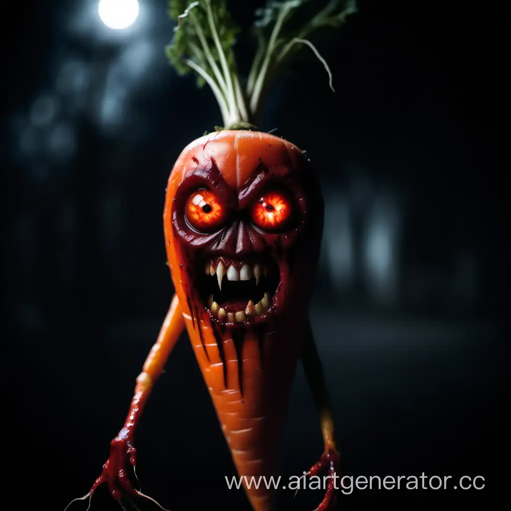 морковь с демоническими красными глазами и устрашающим злым взглядом уставилась в камеру, оголив свои окровавленные и острые зубы. Задний фон тёмный, глубокая ночь