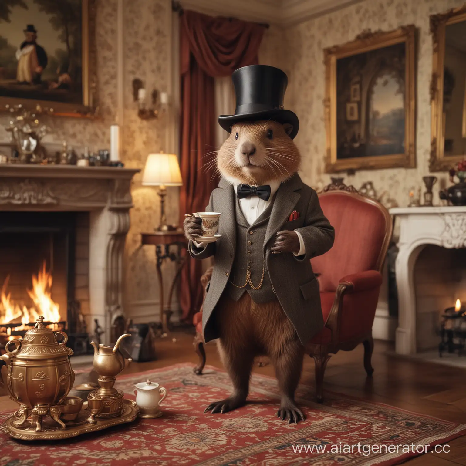 Sophisticated-Beaver-Enjoying-Tea-by-Fireplace-in-Luxurious-Manor