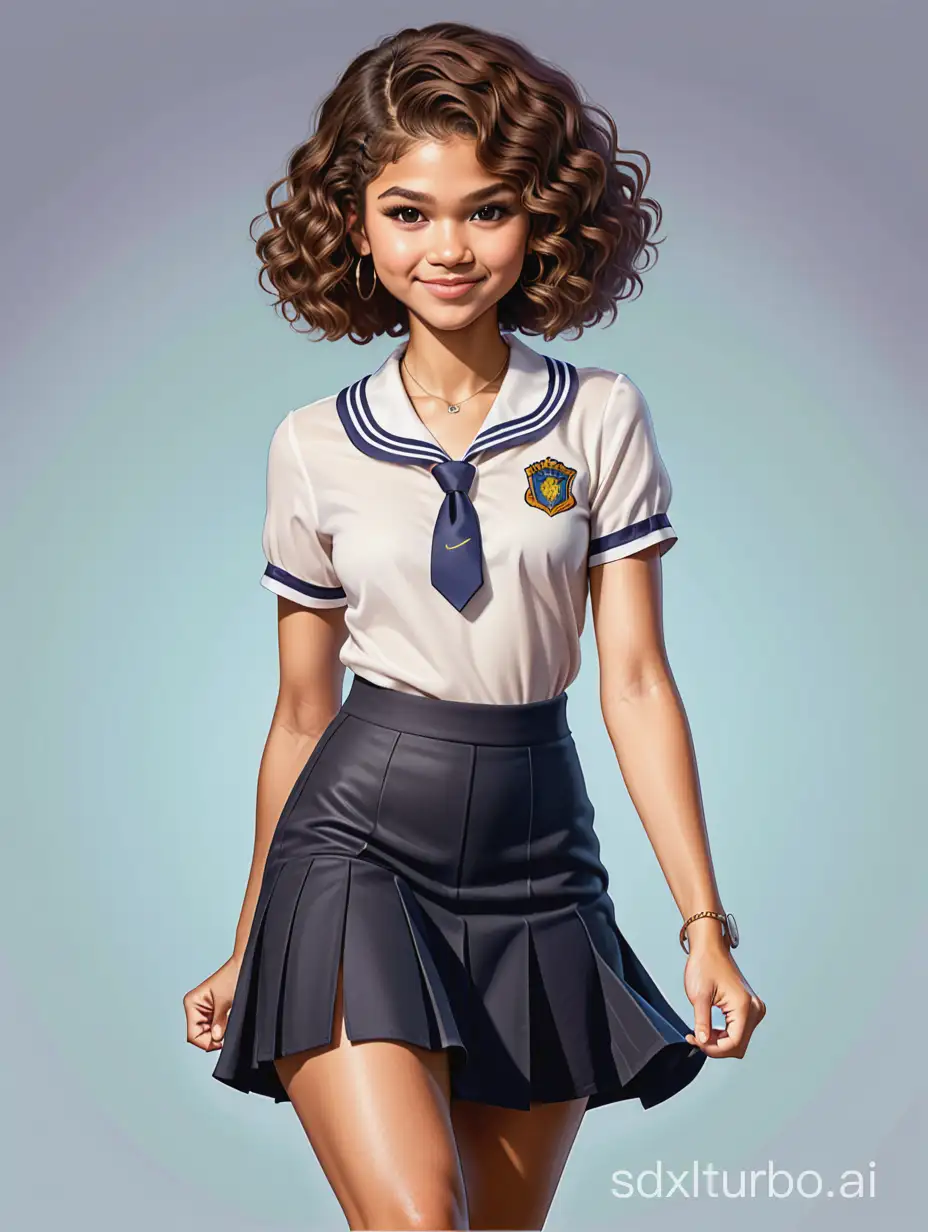 Caricature of Zendaya with short curly hair as a school girl with short skirt