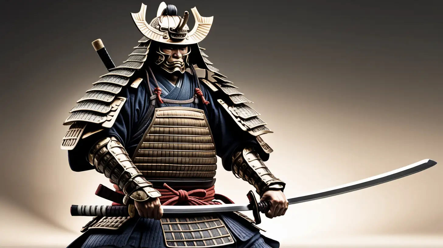 A frontal view of a samurai in full armor, his stance firm and unwavering, his katana gleaming in the light as he prepares to face his enemy.