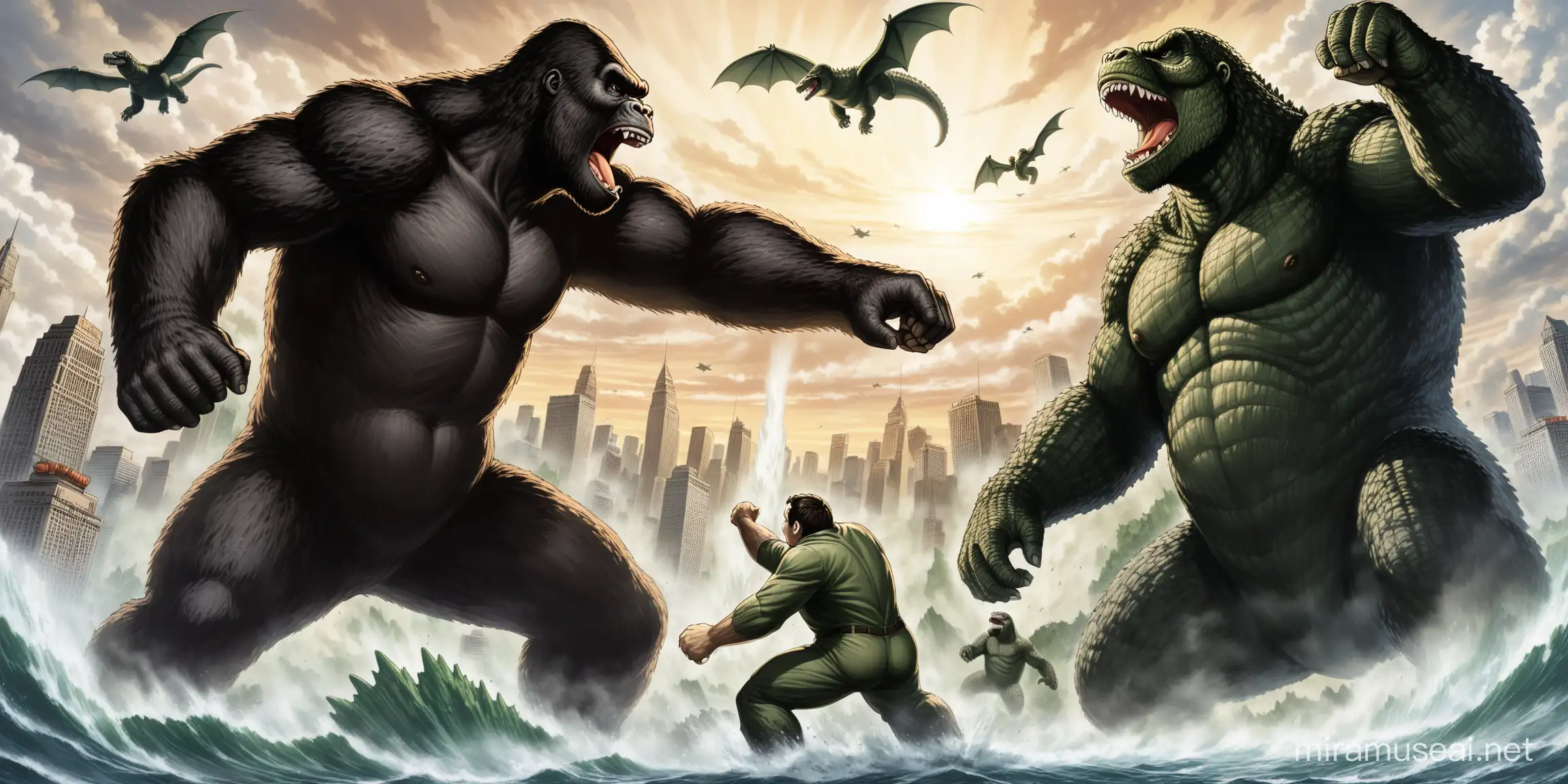 King kong fighting alongside Godzilla 