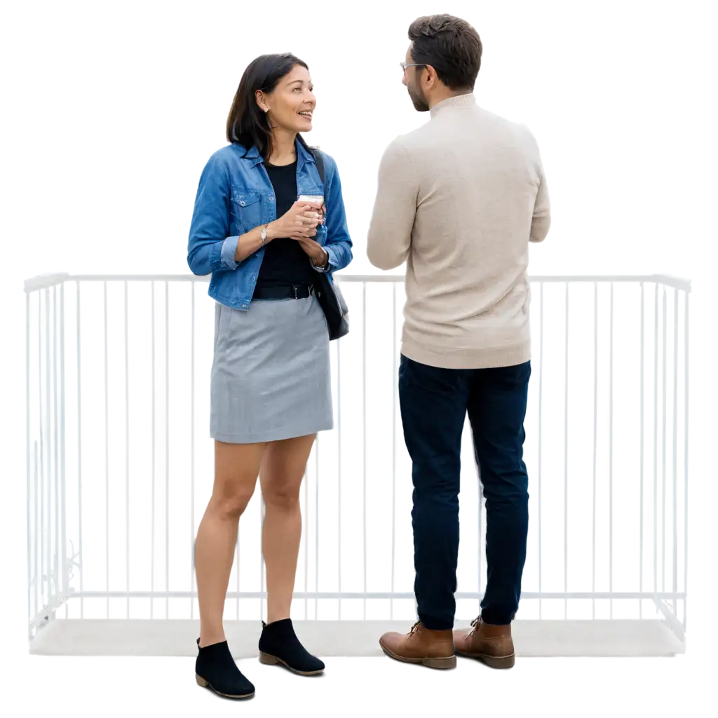 two people standing at a balcony and talking