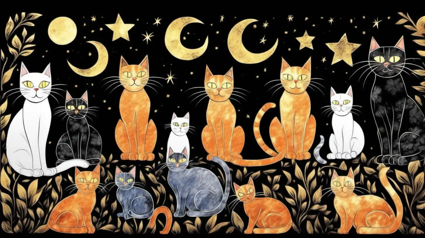 Cats in the the style of story night painting, on a black background