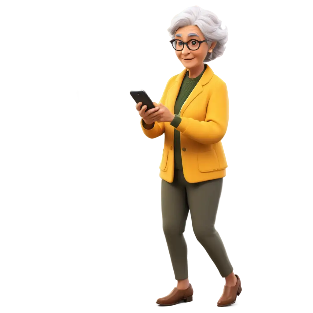 мультифільм, бабуся у жовтому костюмі тримає мобільний телефон