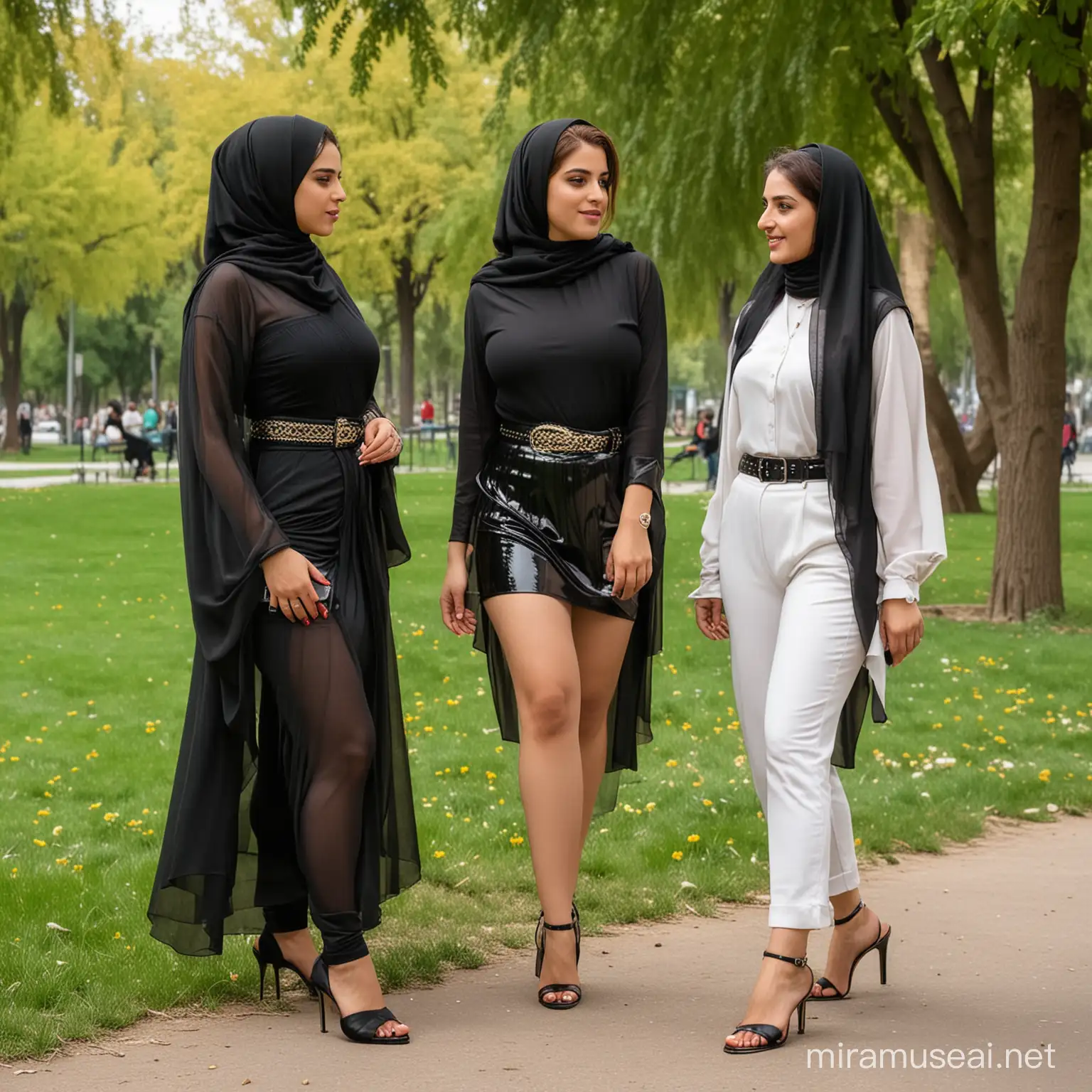 دو دختر زیبای حجابی ایرانی در پارک و در کنار زنان شهوتی باهم قصه می کنند، و در کمر شان کمربند دارند و ران های بزرگ سکسی و در پای شان چپلک پاشینه بلند 