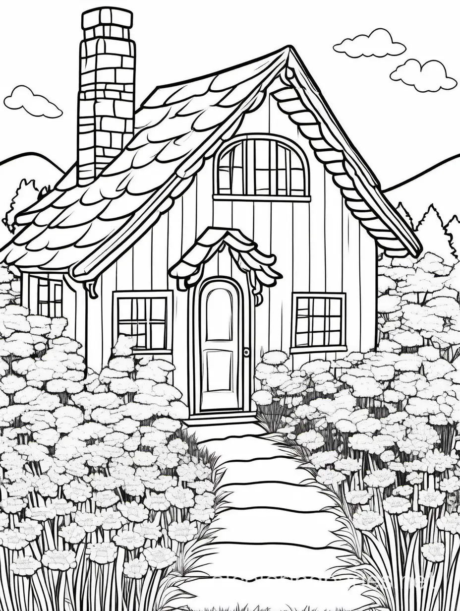 Cozy Cottage Surrounded by Flowering Meadows, Coloring Page, black and white, line art, white background, Simplicity, Ample White Space. The background of the coloring page is plain white to make it easy for young children to color within the lines. The outlines of all the subjects are easy to distinguish, making it simple for kids to color without too much difficulty