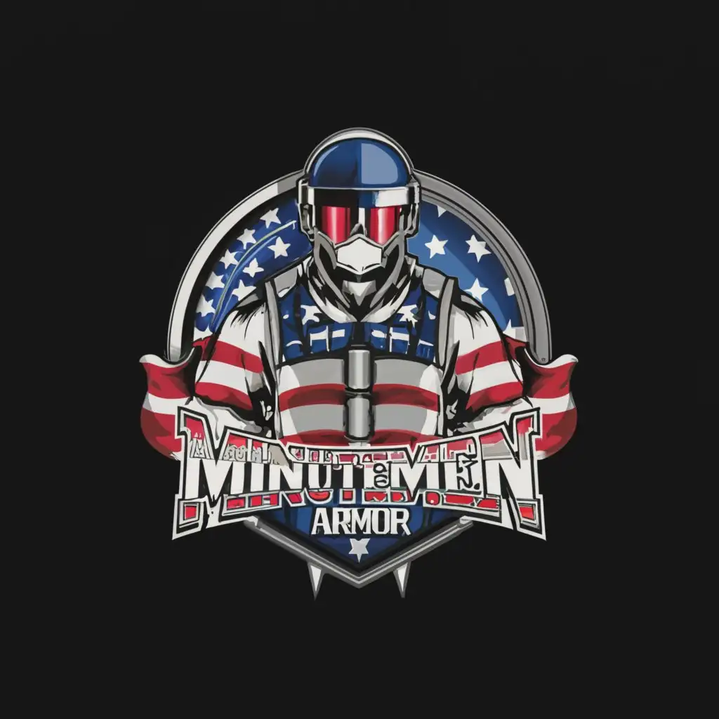 a logo design,with the text 'minutemen armor', main symbol:Bulletproof vest, flag, colors:red, white, blue,complex,clear background