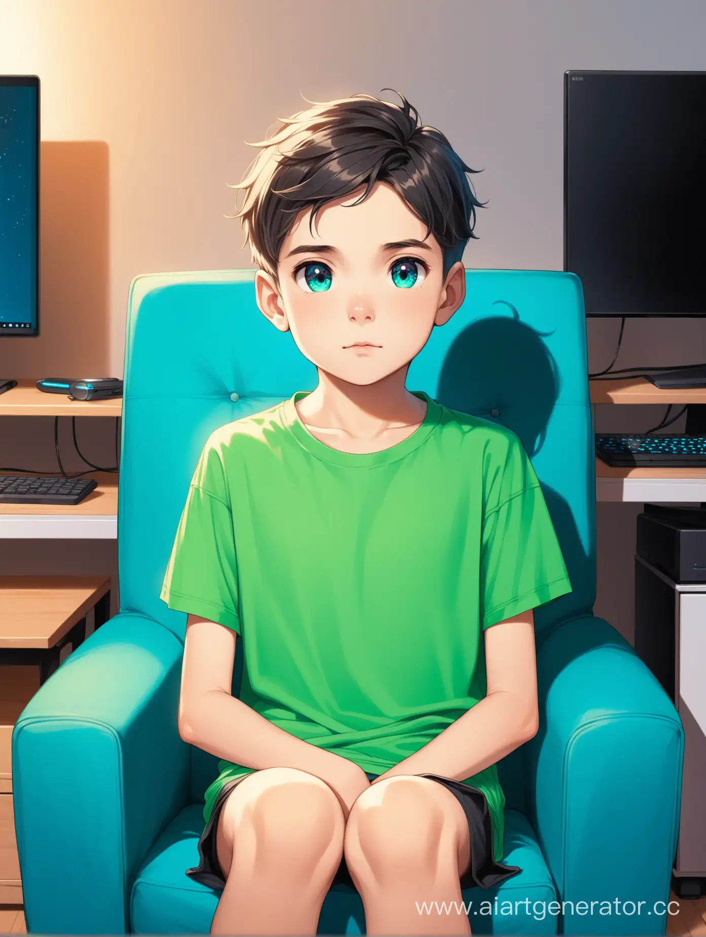 11 летний ютубер янус сидит на голубом кресле в салатовой футболке за мощным ПК 