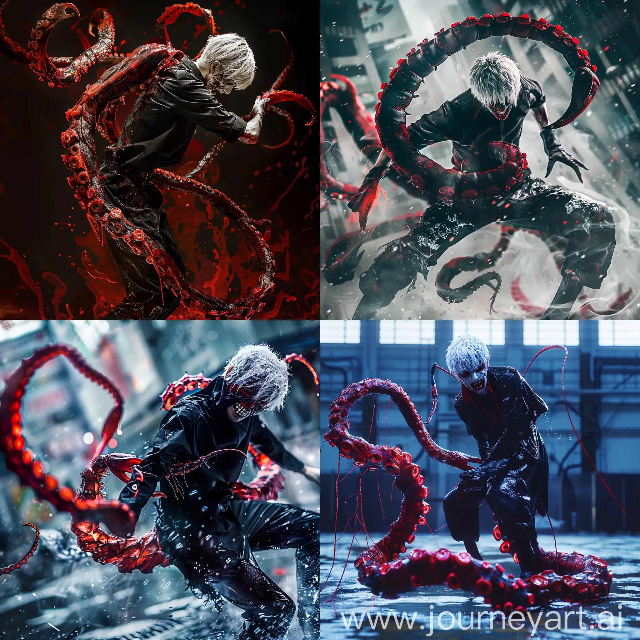 Kaneki ken,tokyo ghoul, scorpion tentacle, psychotic, action , weird-core, expressive, unique, high - quality, Canon EOS 5D Mark IV DSLR, f/5. 6 aperture, 1/125 second shutter speed, ISO 100, Adobe Photoshop, award - winning, glibatree style, experimental techniques, unusual perspectives, attention to detail 