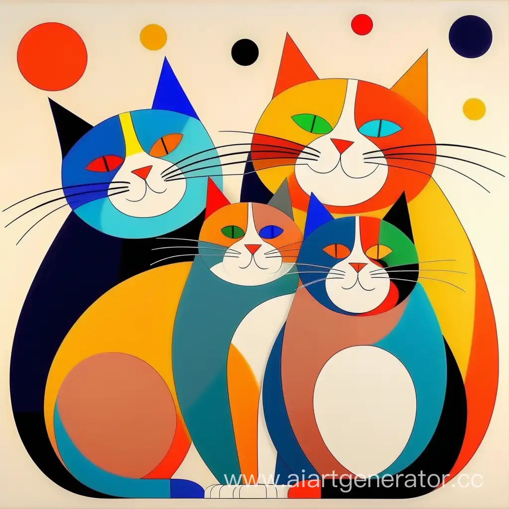 Три толстых веселых кота играющих разноцветных кота растровый рисунок минимализмабстрактно упрощённо конструктивизм лучизм супрематизм