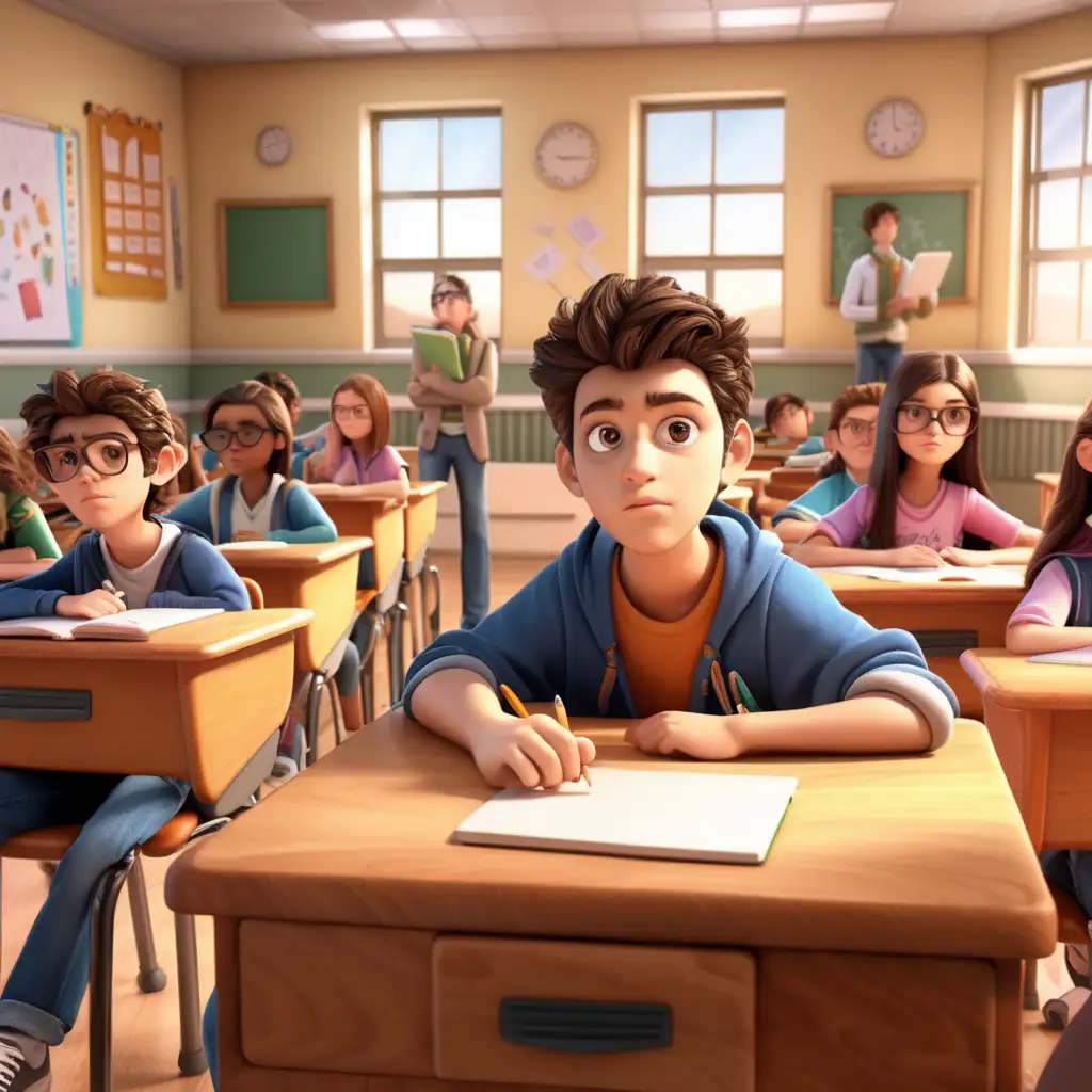 Create a 3D illustrator of an animated image of a guilty looking, charming student standing in his desk in a classroom, other students are sitting in their places. Beautiful and spirited background illustrations.