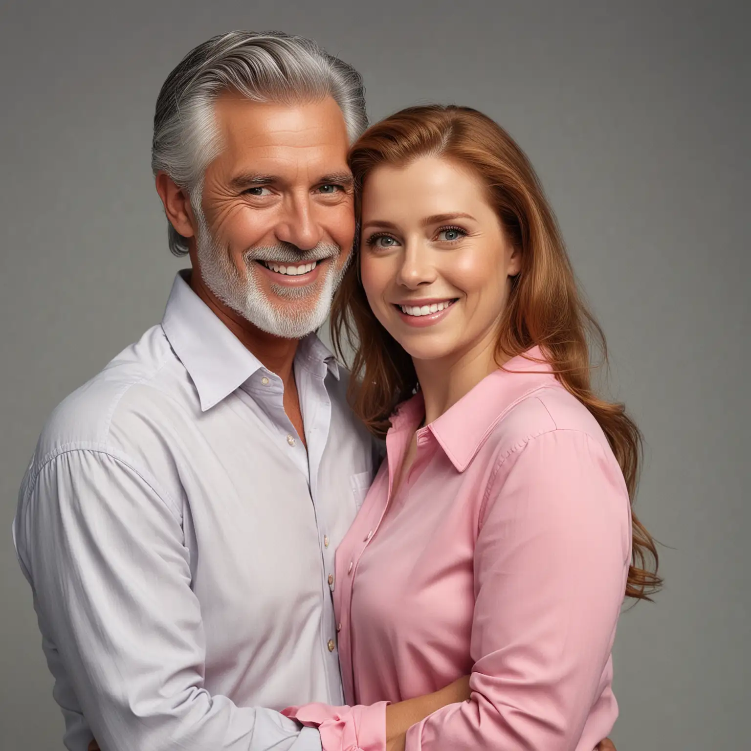 dans fond gris, photo id, plan poitrine, couple rempli de bonheur, Amy Adams, regarde amoureusement sourire de félicité, chemise blanche polyester manches longues et jupe courte plissée rose et escarpins rose blotti langoureusement dans les bras de son mari un vieil homme andin cheveux gris, chemise d'été et jeans et baskets noirs