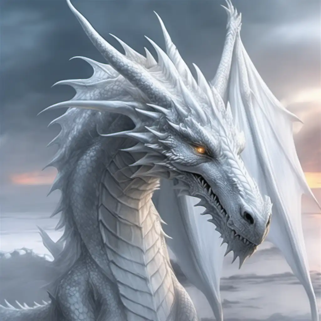 genera una ilustración estilo Luis Royo de un dragón blanco como el de la foto. Muy detallado, luz etérea, filtro frío, 4k, luz del atardecer
