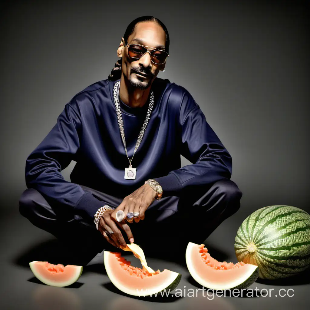 Rapper Snoop Dogg smashes a melon with his foot
