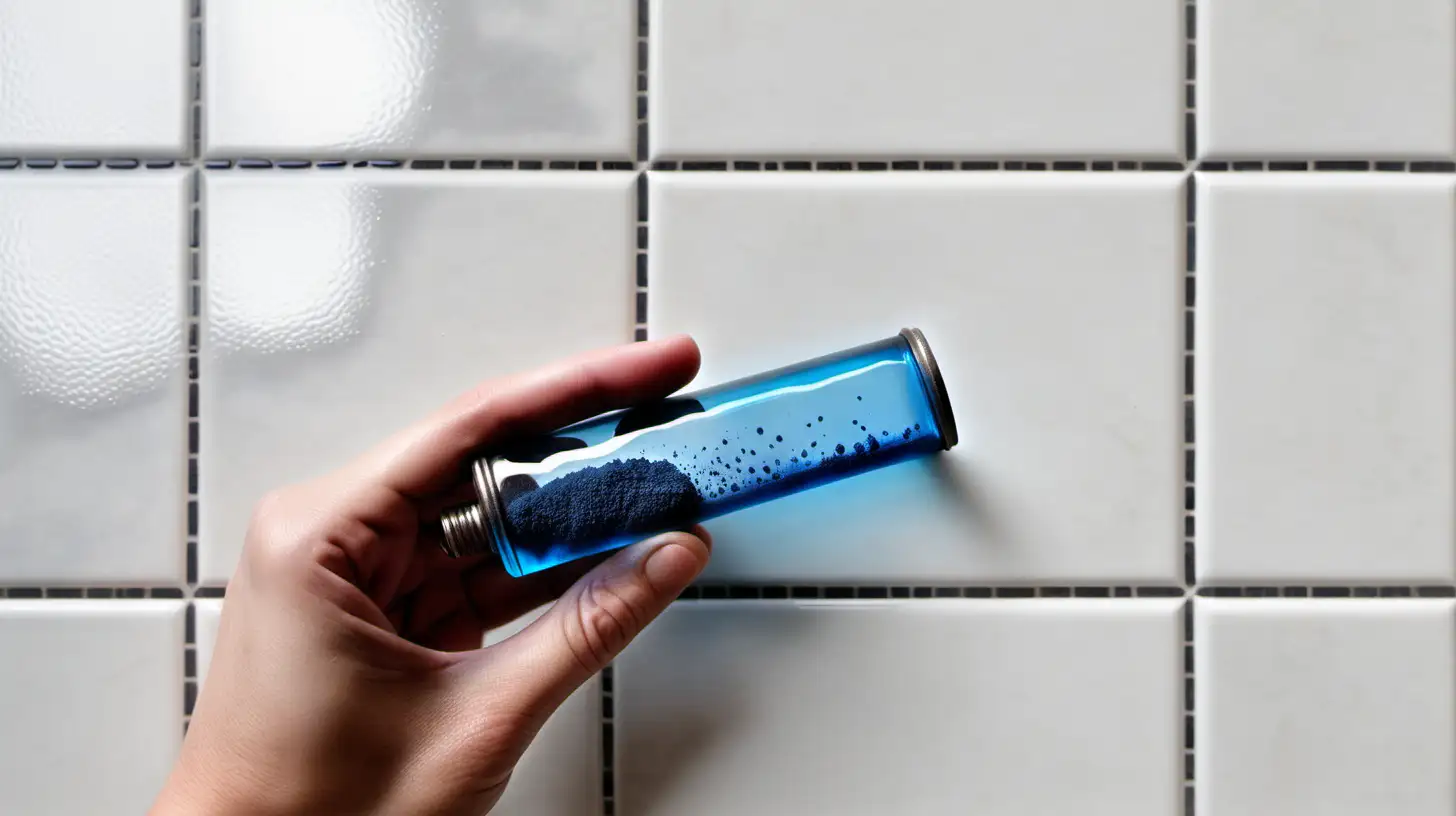 hand holding blue glass mini tube with dark dust inside on white tile floor. make the image lighter